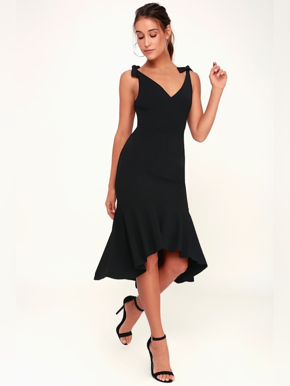 Lulus Want You to Want Me Black Trumpet Hem Bodycon Midi Dress Large BNWT